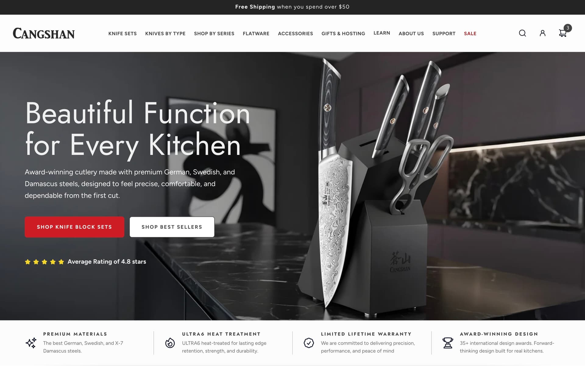 Cangshan’s Shopify storefront homepage, with knife-set navigation and a knife block hero